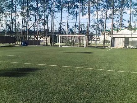 Campo de futebol society da Arena Seven cercado por árvores