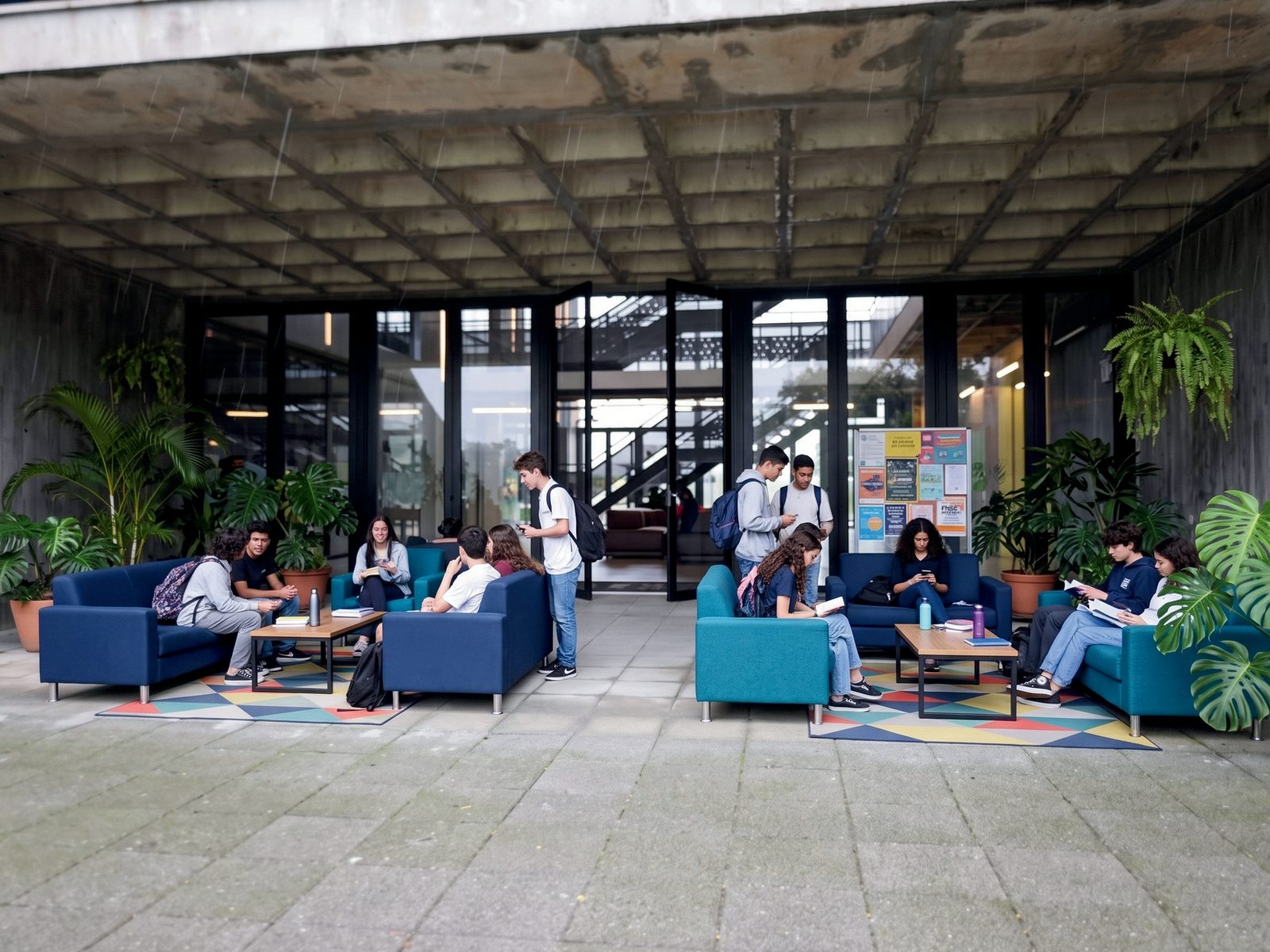 Simulação da área de convivência com sofás azuis e estudantes