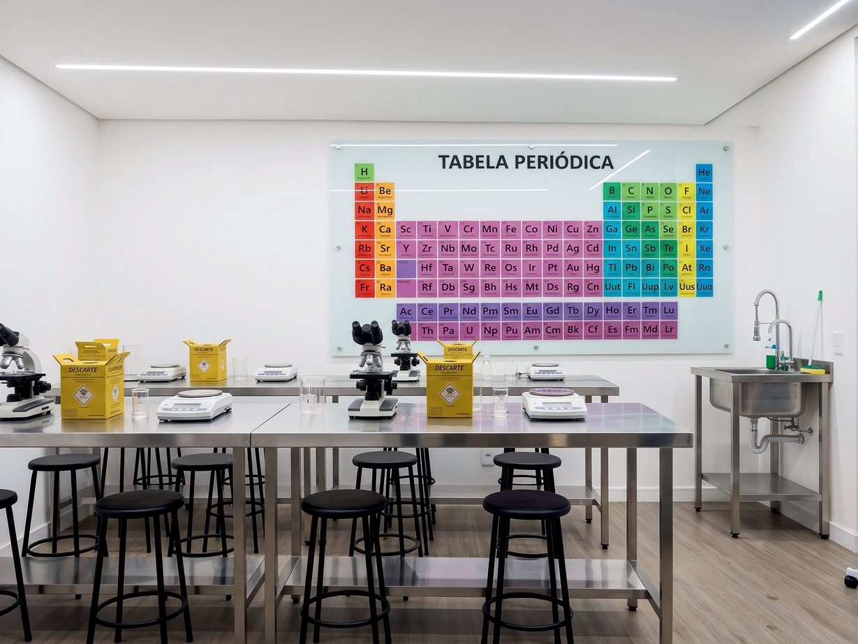 Simulação do laboratório de ciências com tabela periódica e microscópios